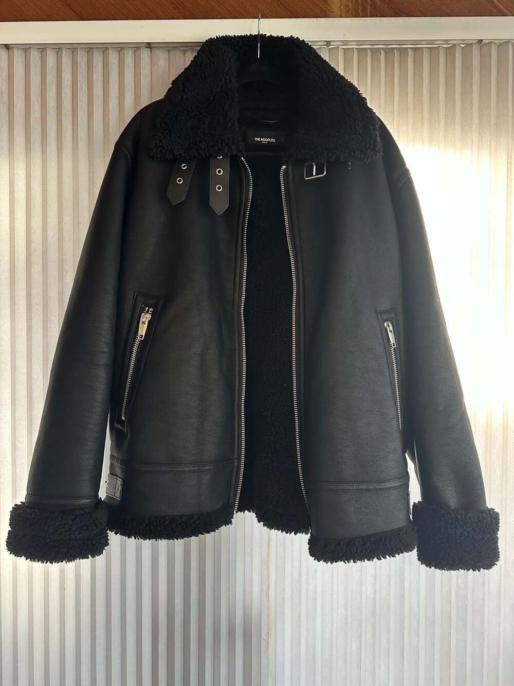 The Kooples Black Vegan Leather and Shearling Aviator Bomber Jacket
